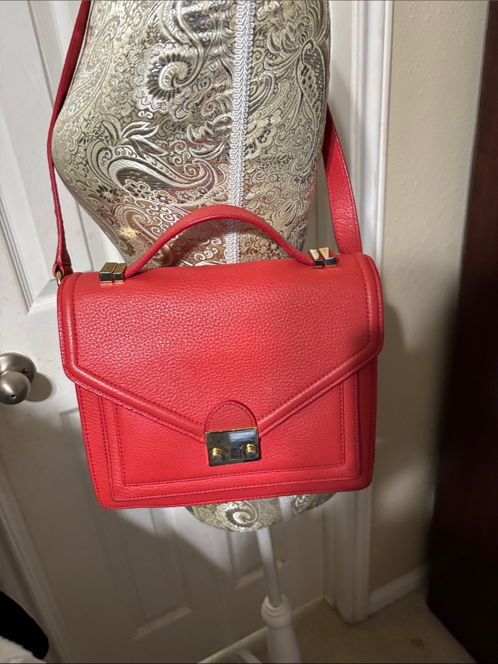 Loeffler Randall coral red pebble Leather Shoulder Bag with Gold Hardware. EUC
